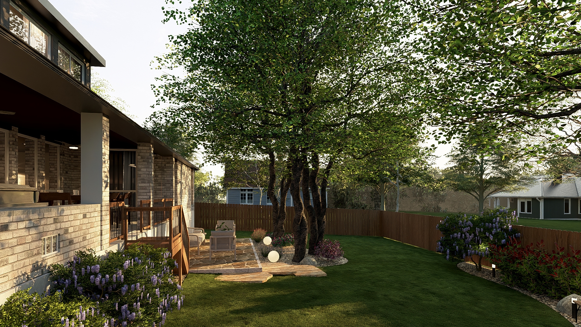 Three Vines Designs backyard landscape with deck and mature trees