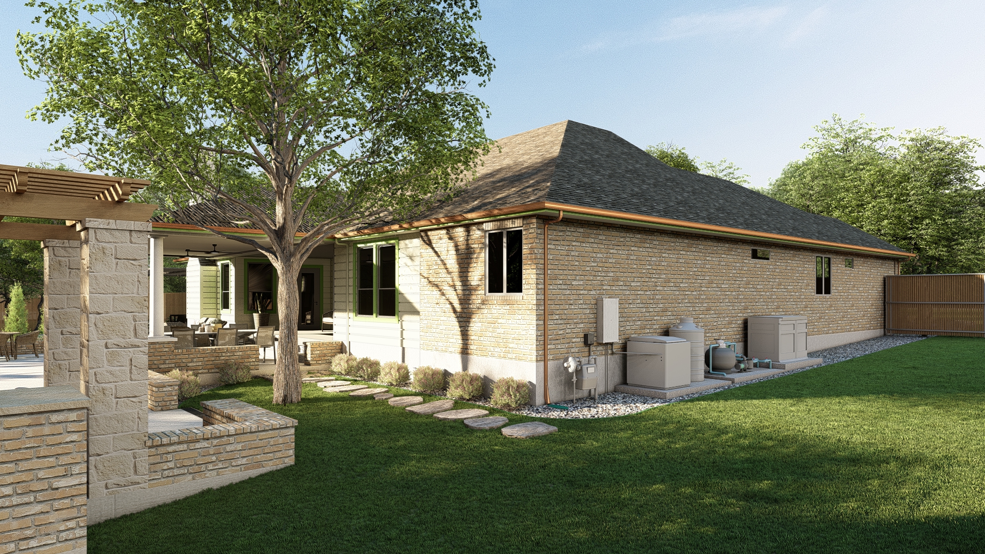Back of house with pergola and lawn