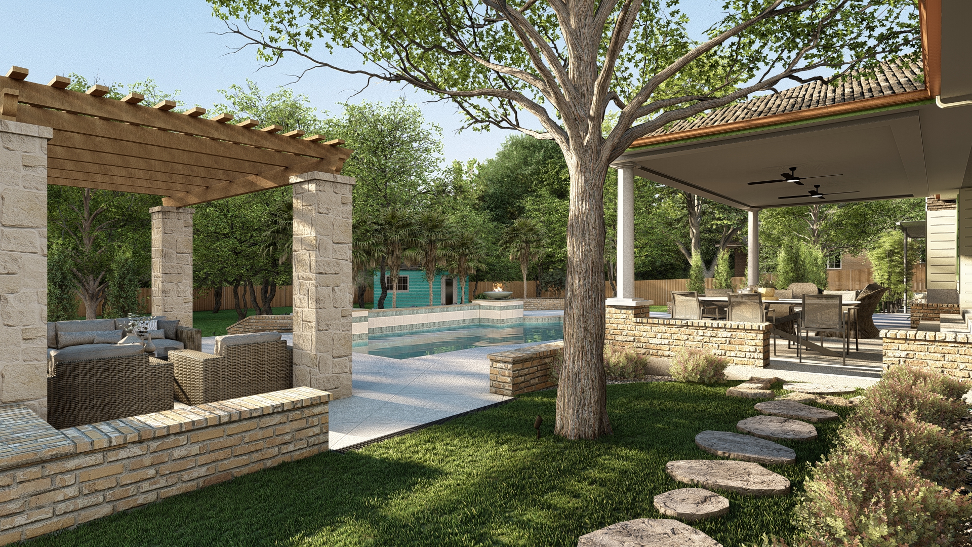 Pool and pergola view with outdoor seating