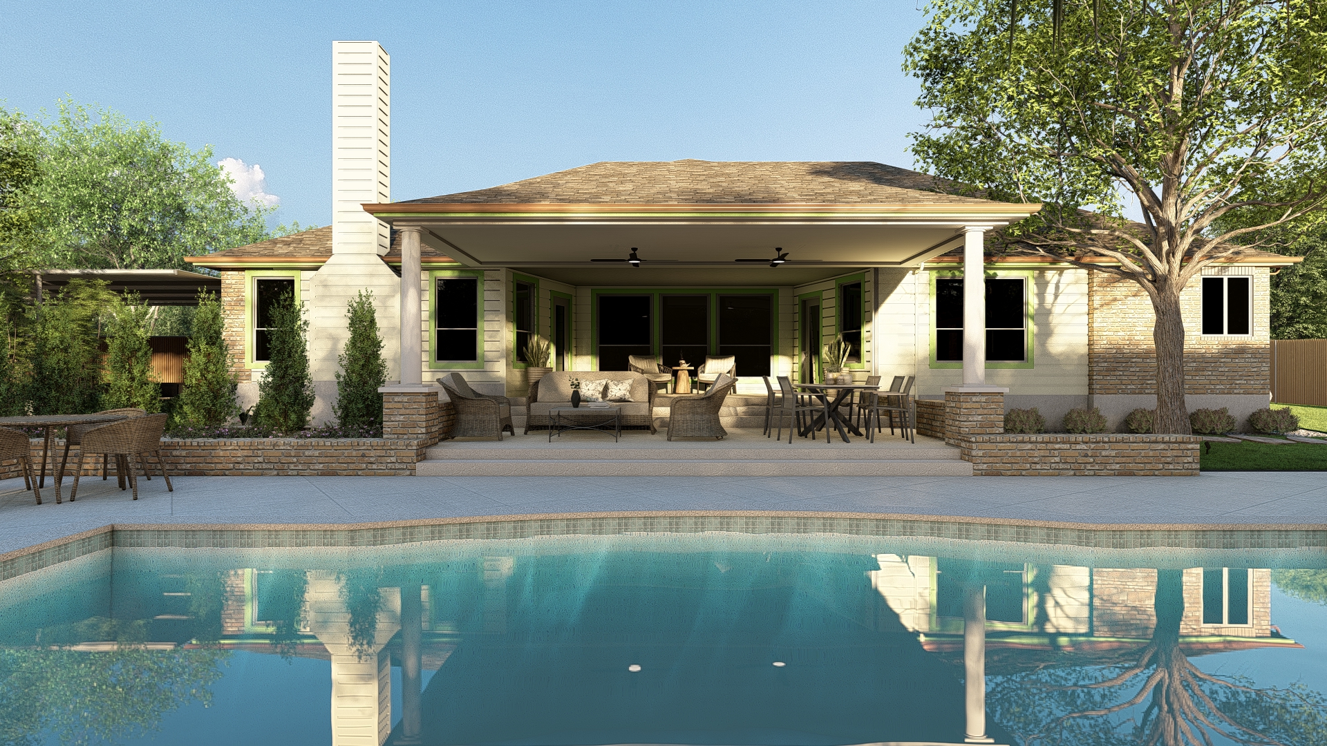 Outdoor living area with pool and pergola