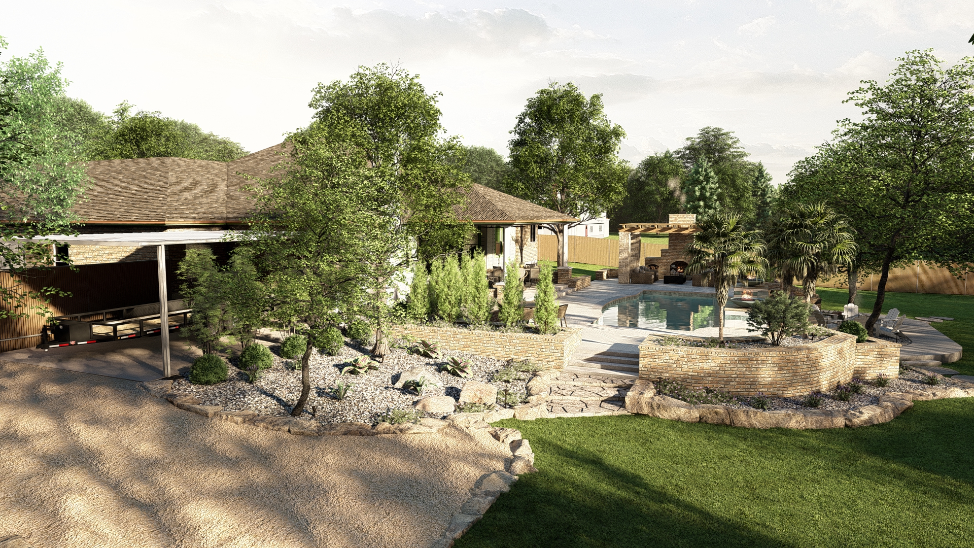 Alamo Heights Garden overview with pool and outdoor living