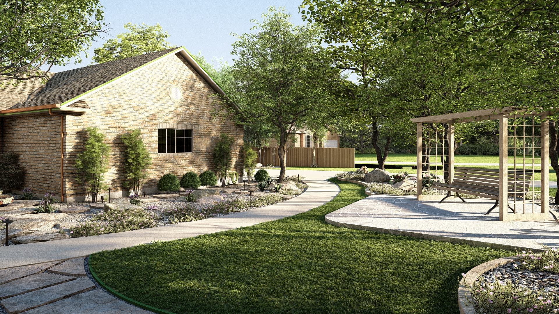 Side yard path with pergola swing and mature trees