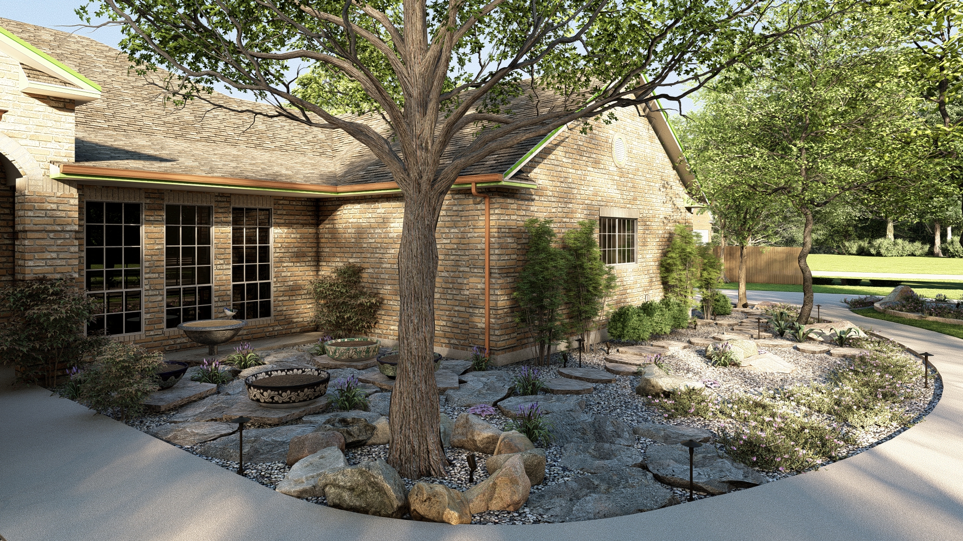Front courtyard with rock garden and birdbath