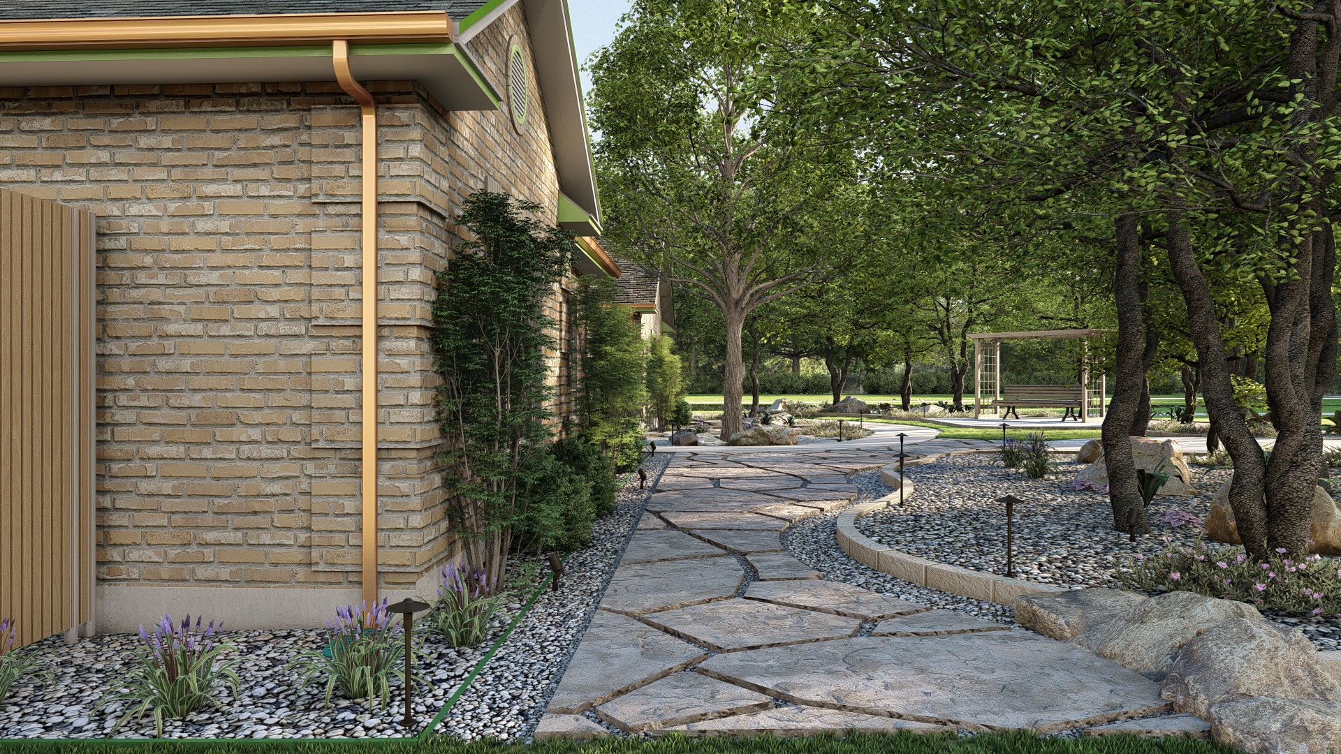 Side pathway with flagstone and gravel landscaping