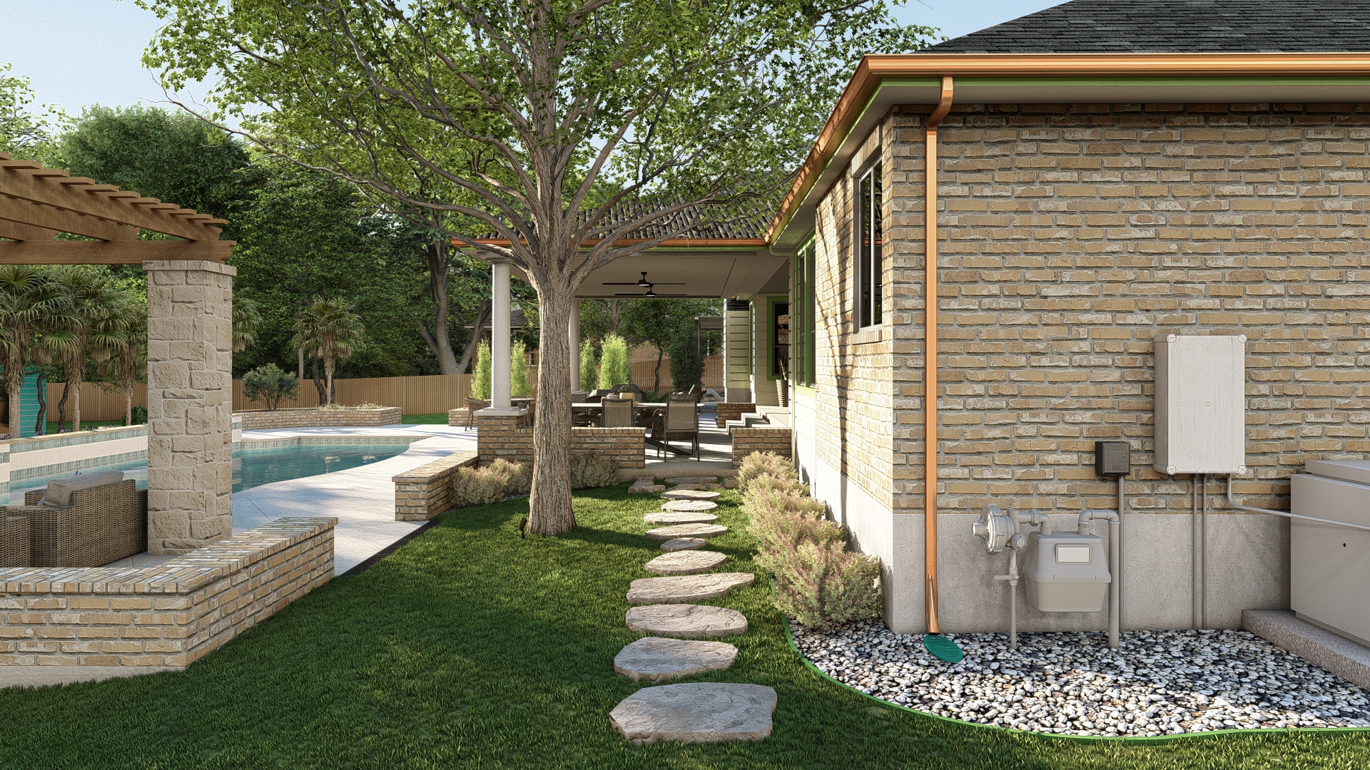 Side of house with stepping stones leading to pool