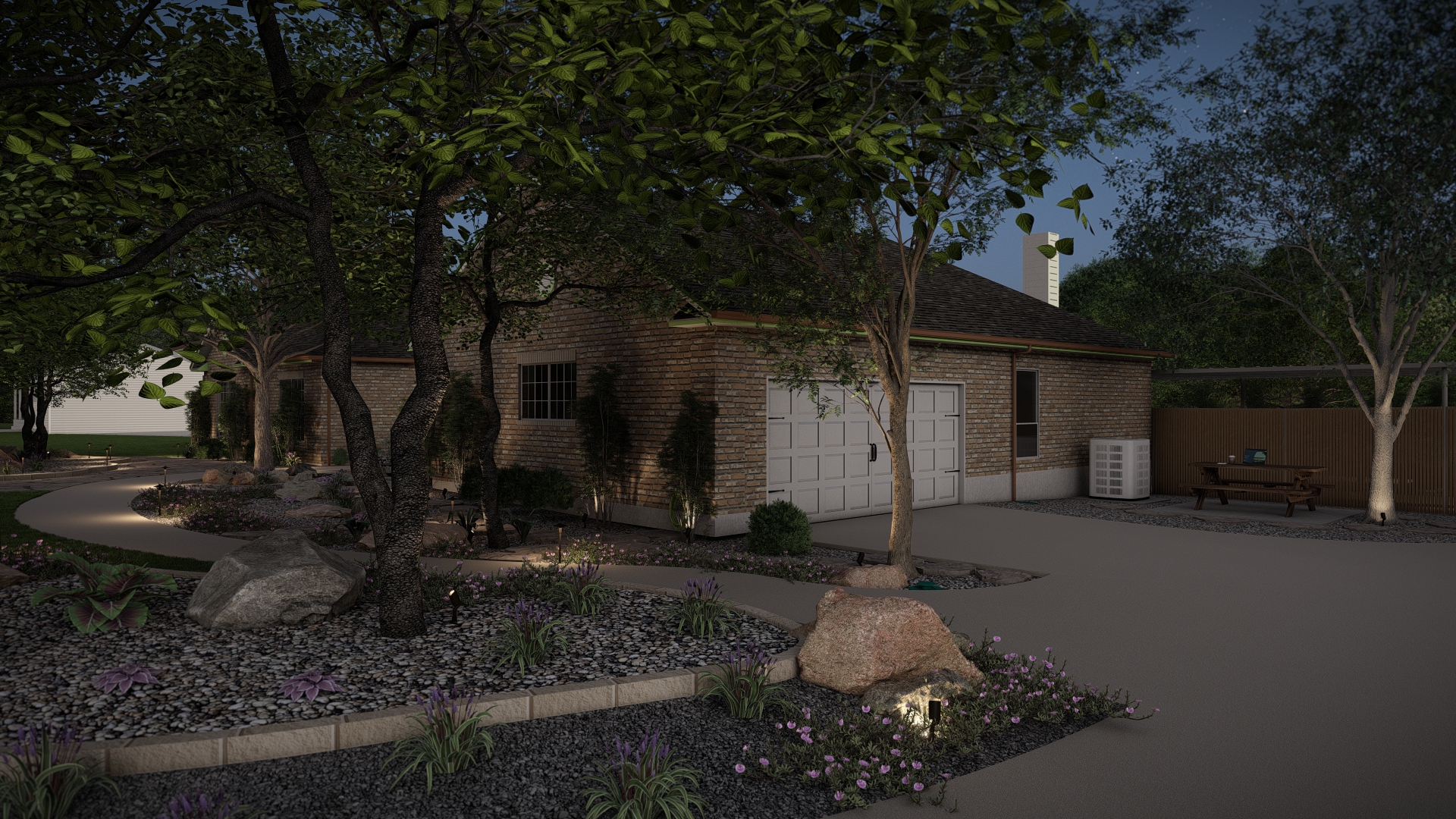 Nighttime landscape lighting front yard