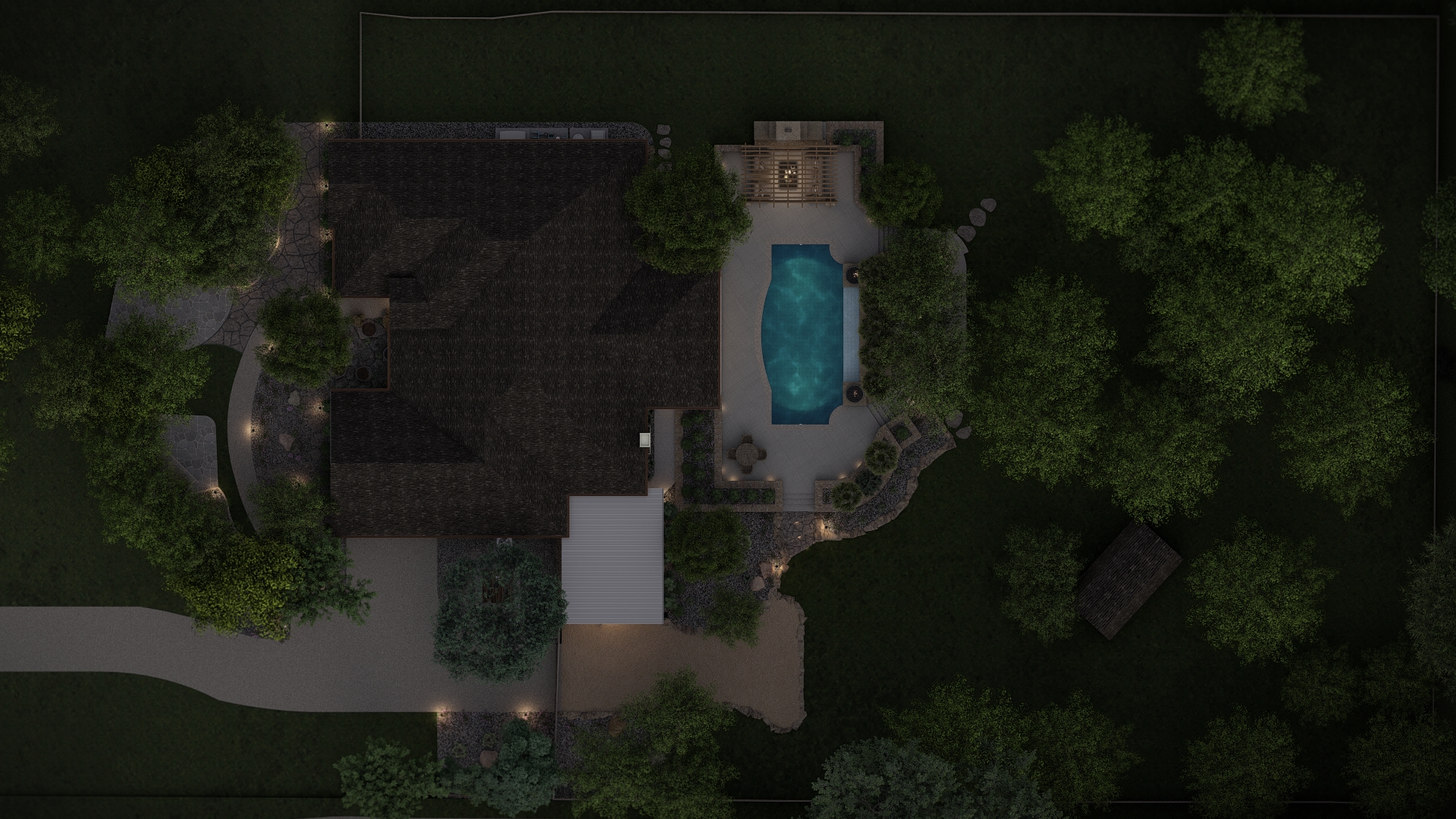 Aerial night view showing lighting design
