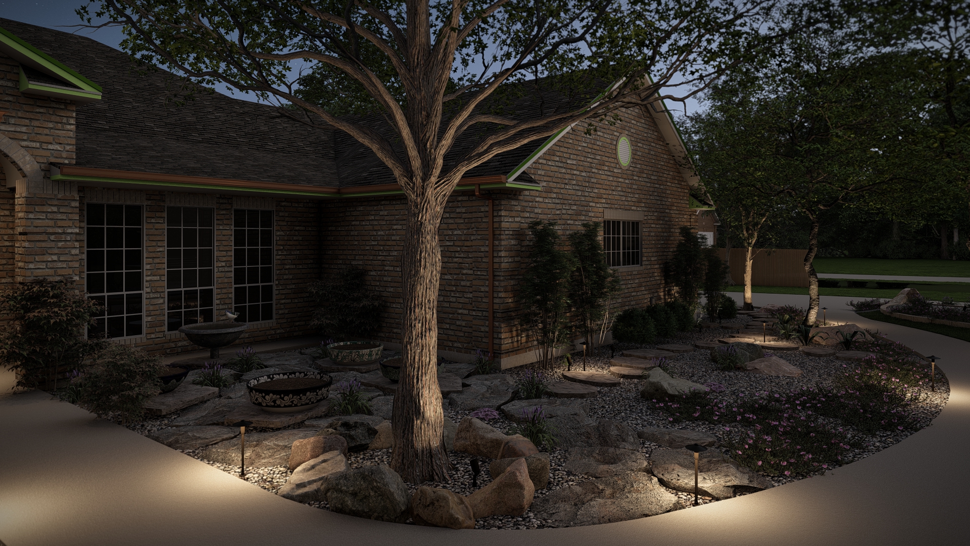 Nighttime courtyard with path lighting