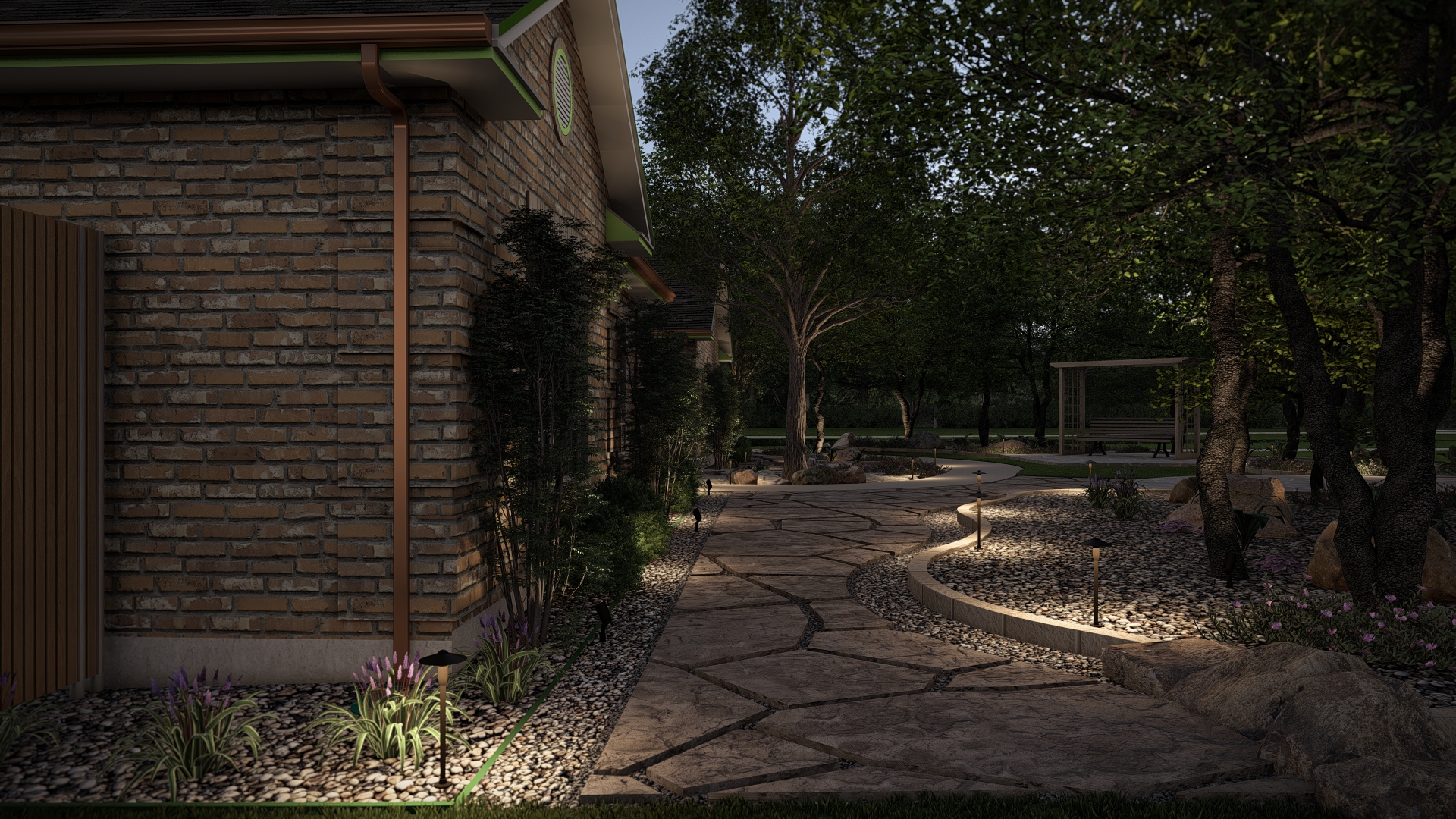Nighttime flagstone pathway with landscape lighting