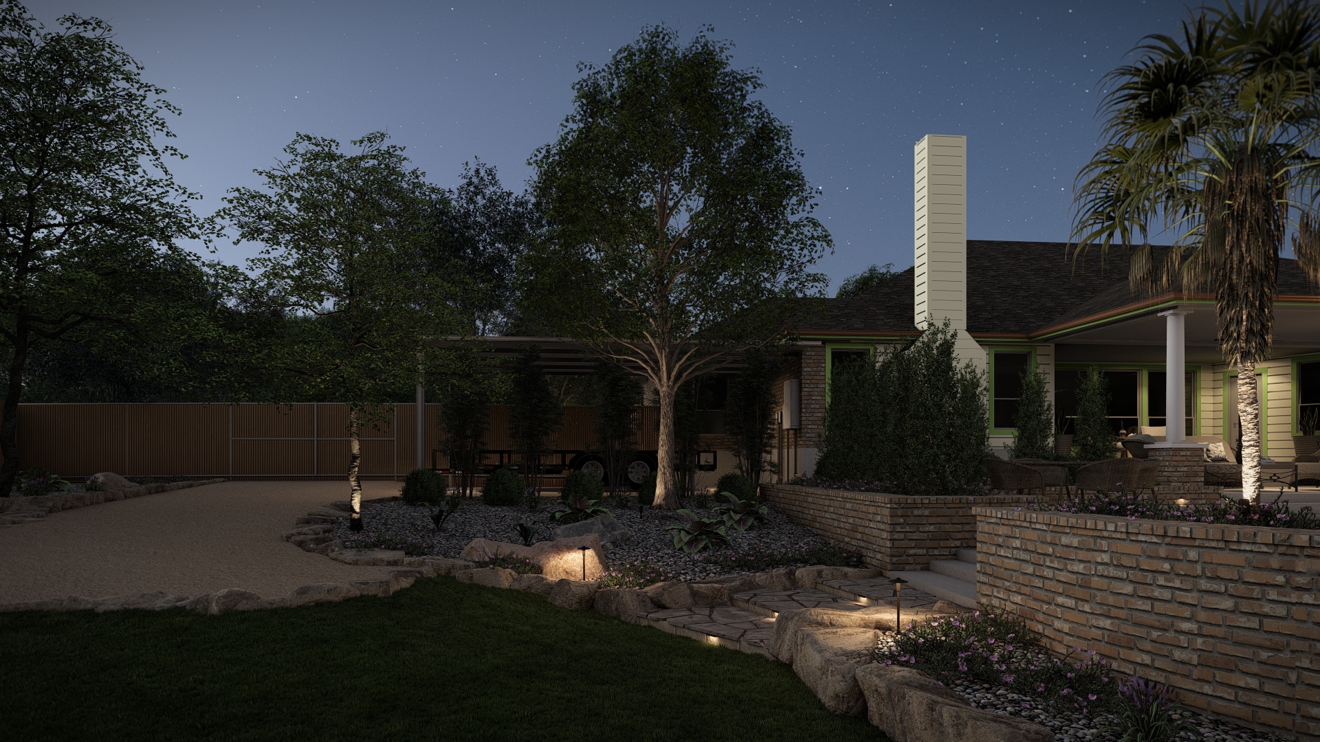 Nighttime detail view of front yard lighting