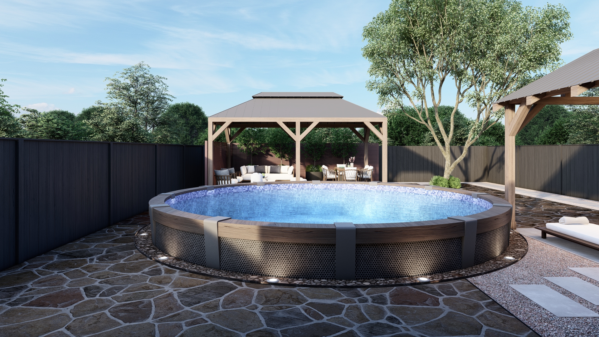 Modern Courtyard Residence pool and pavilion overview
