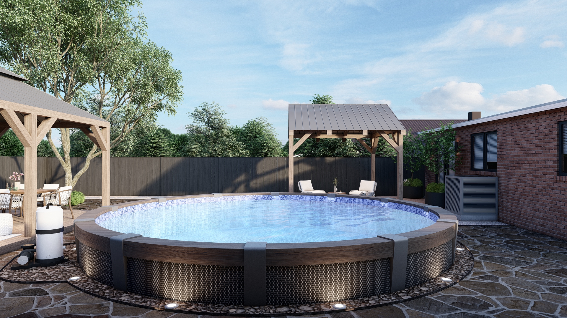 Close-up of circular pool with pergola
