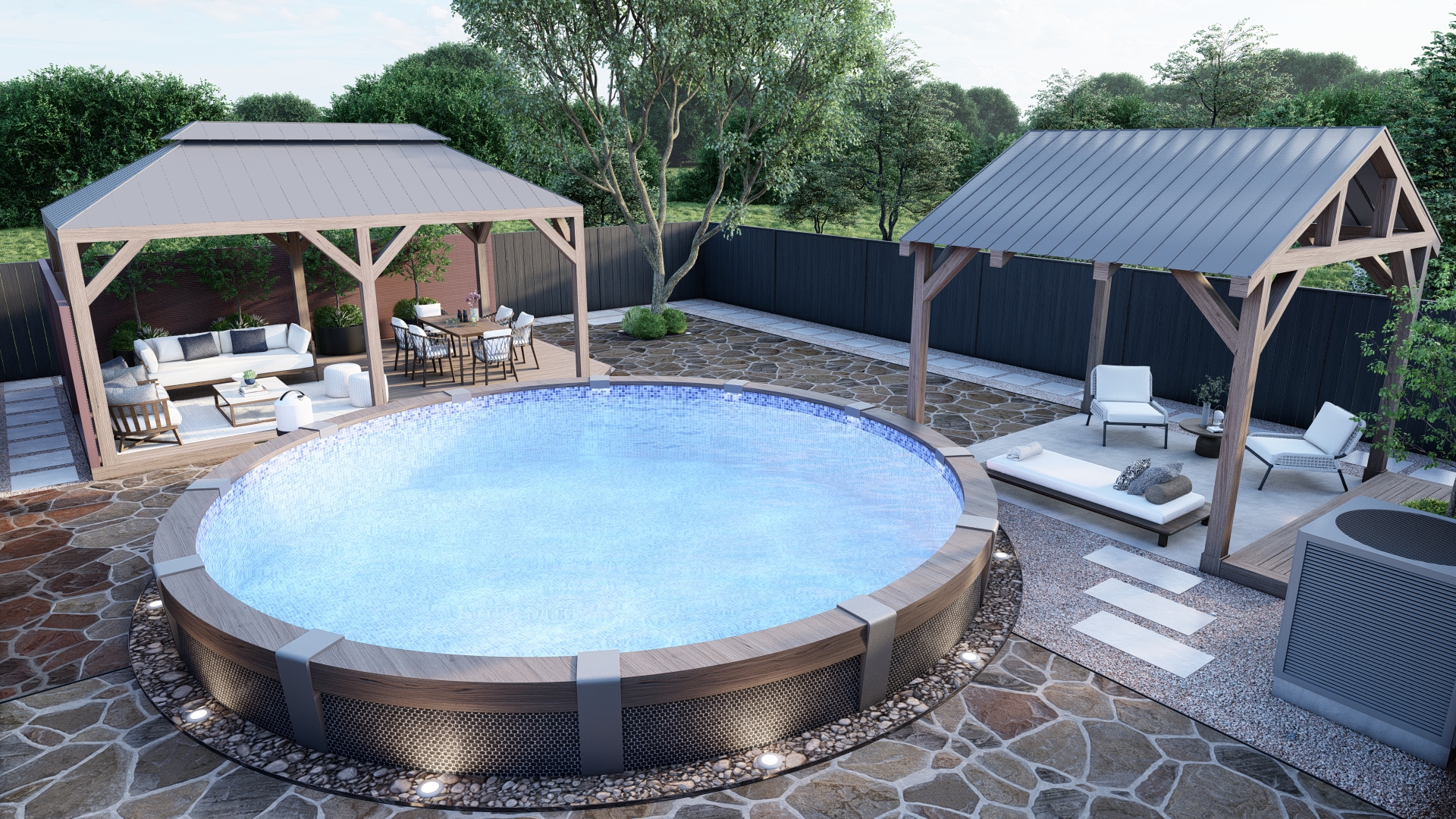 Elevated view of courtyard with circular pool and dual pavilions