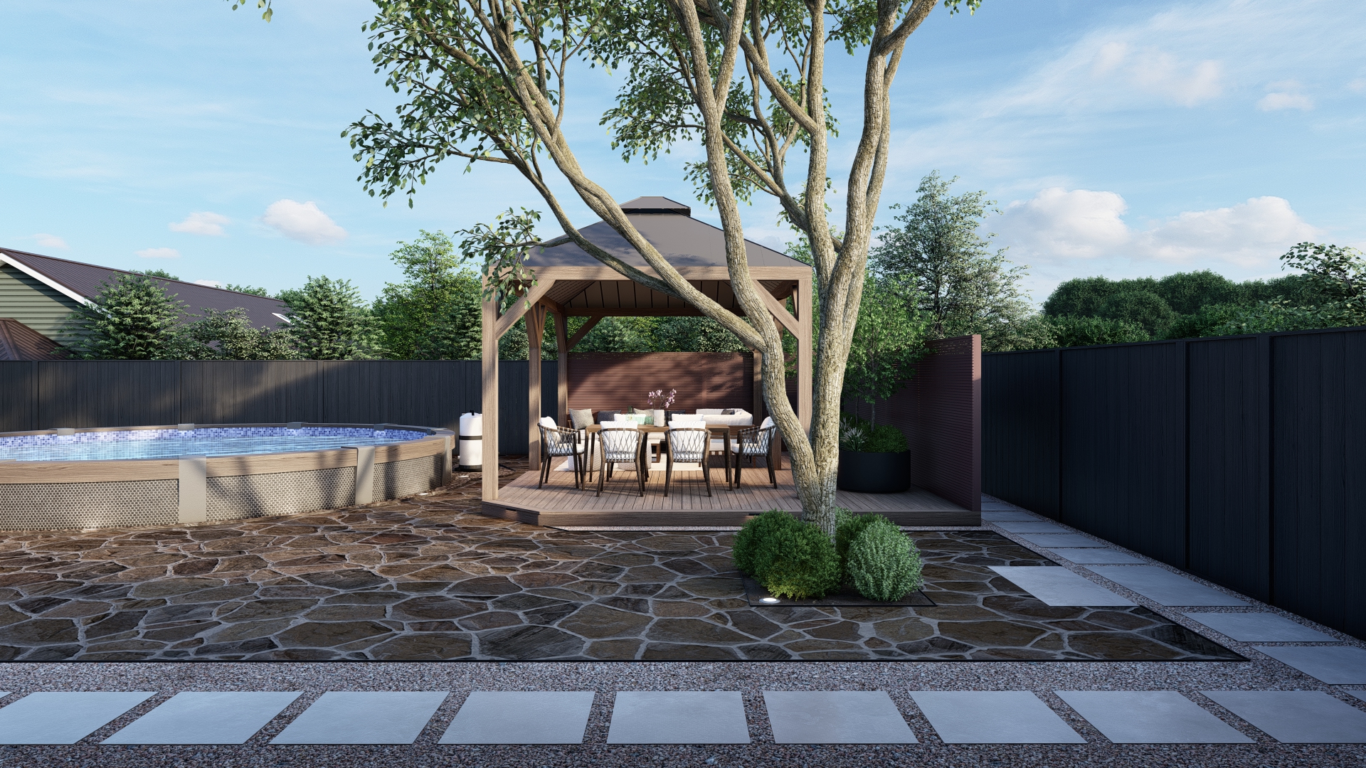 Gazebo dining area with pool view