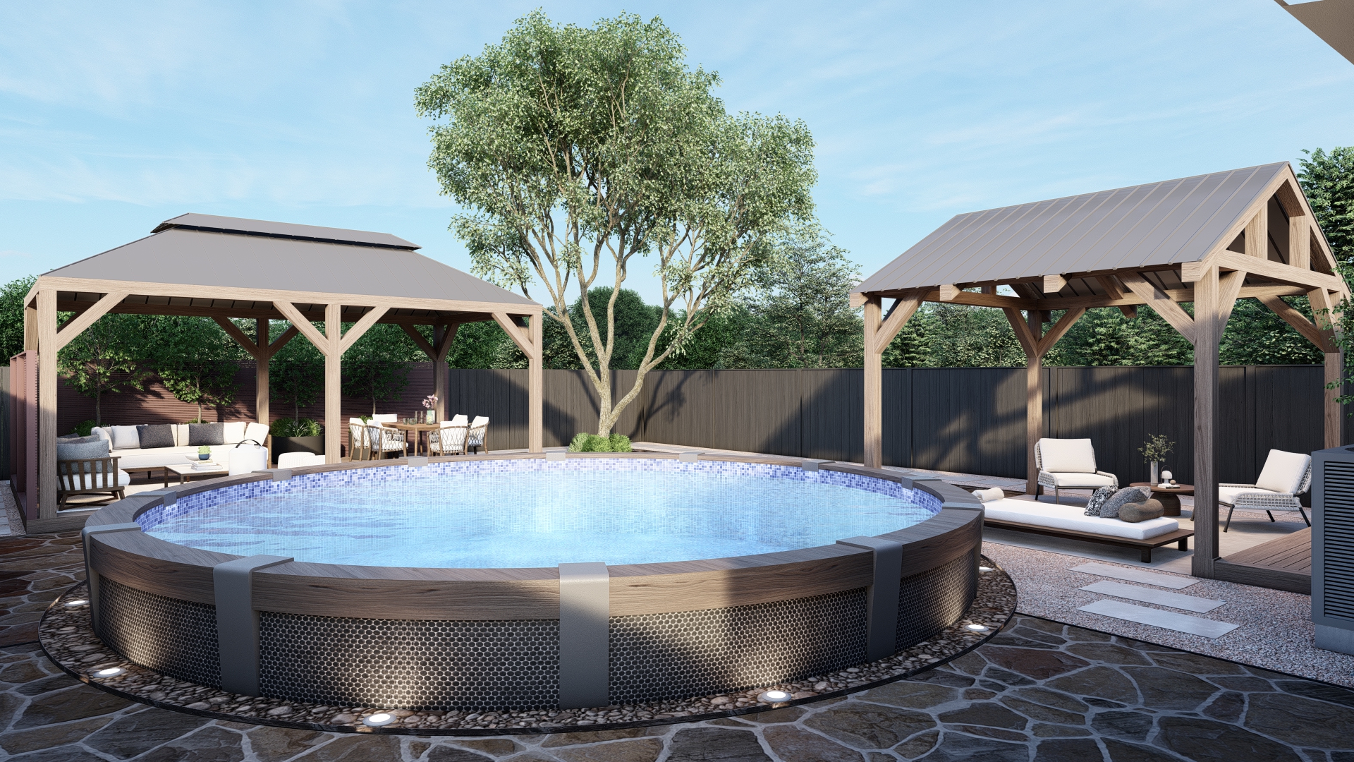 Daytime panoramic view of pool and pavilions