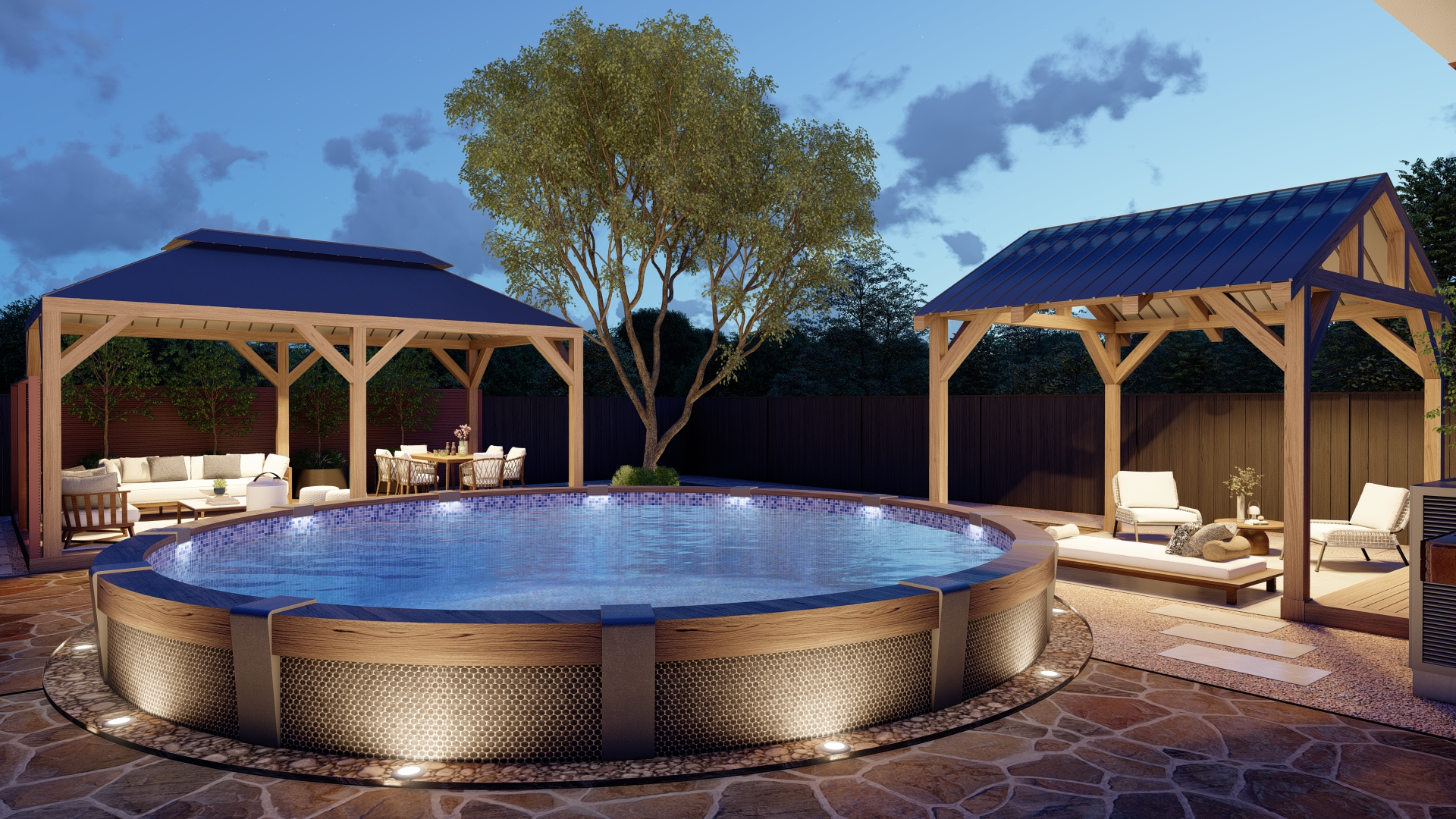 Courtyard at dusk with pool illumination