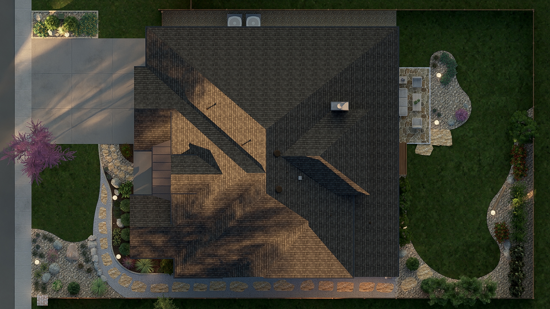 Aerial view showing complete landscape organization around existing trees
