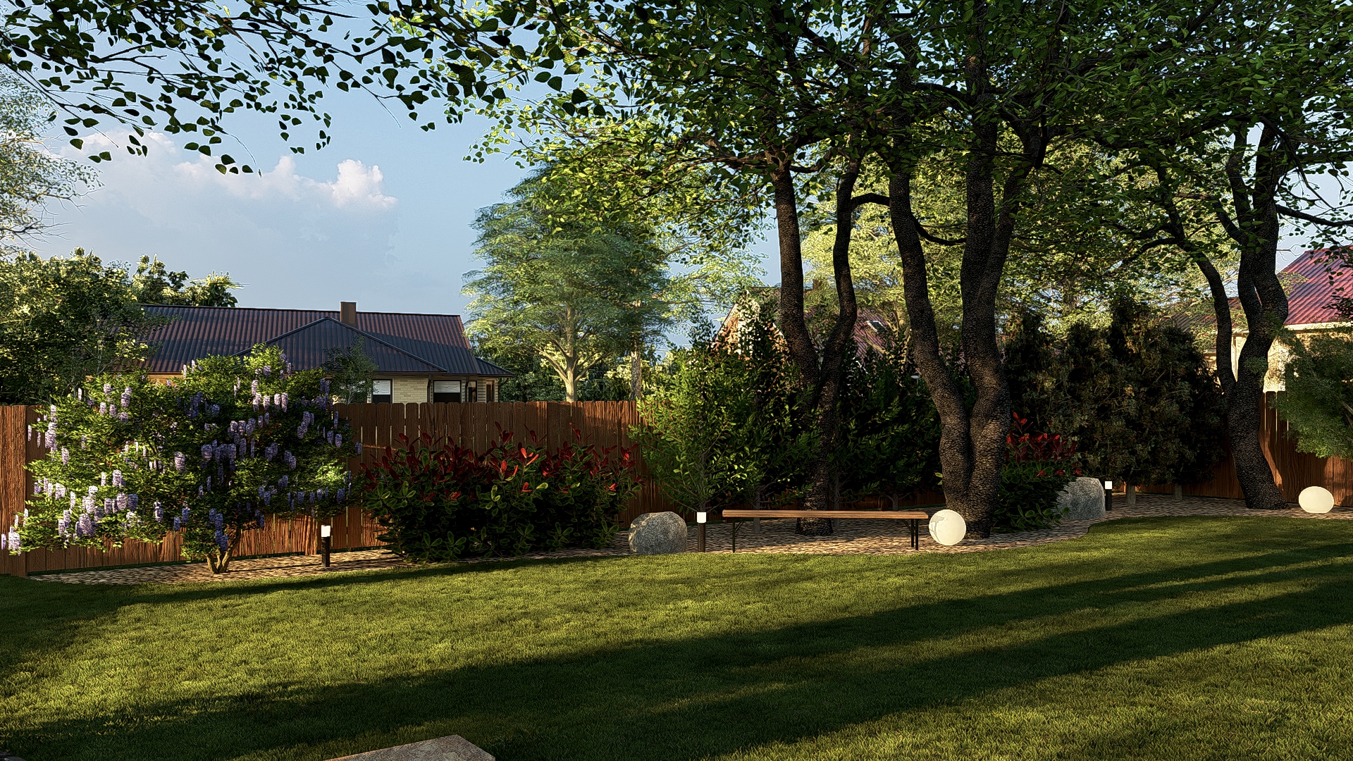 Garden retreat with bench seating and sphere lanterns
