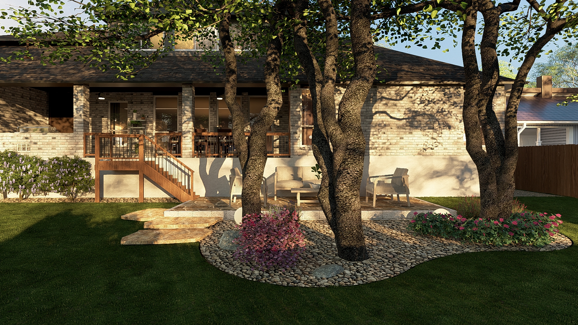 Elevated deck with seating area beneath oak canopy