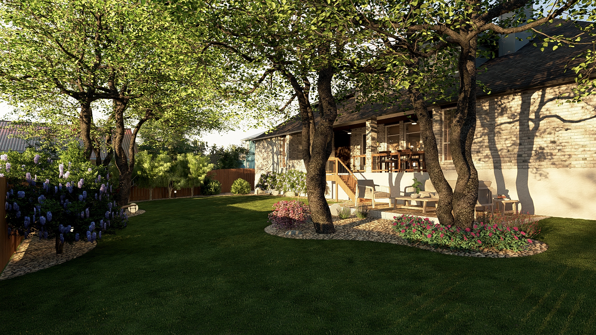 Golden hour view of backyard with deck and mature trees