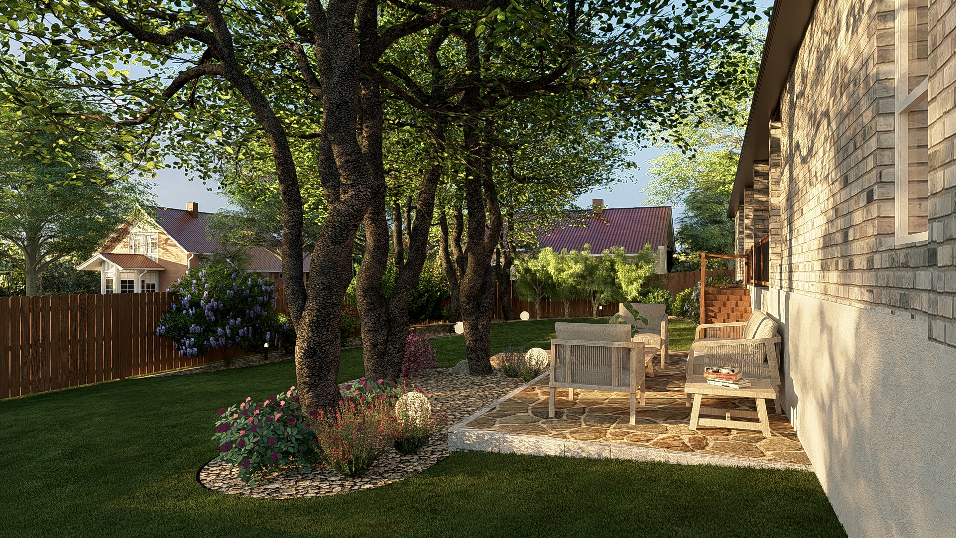 Stone patio seating area with oak canopy and wisteria