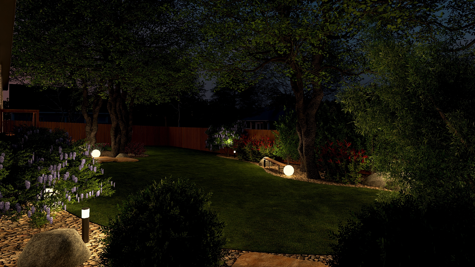 Backyard garden with glowing sphere lights