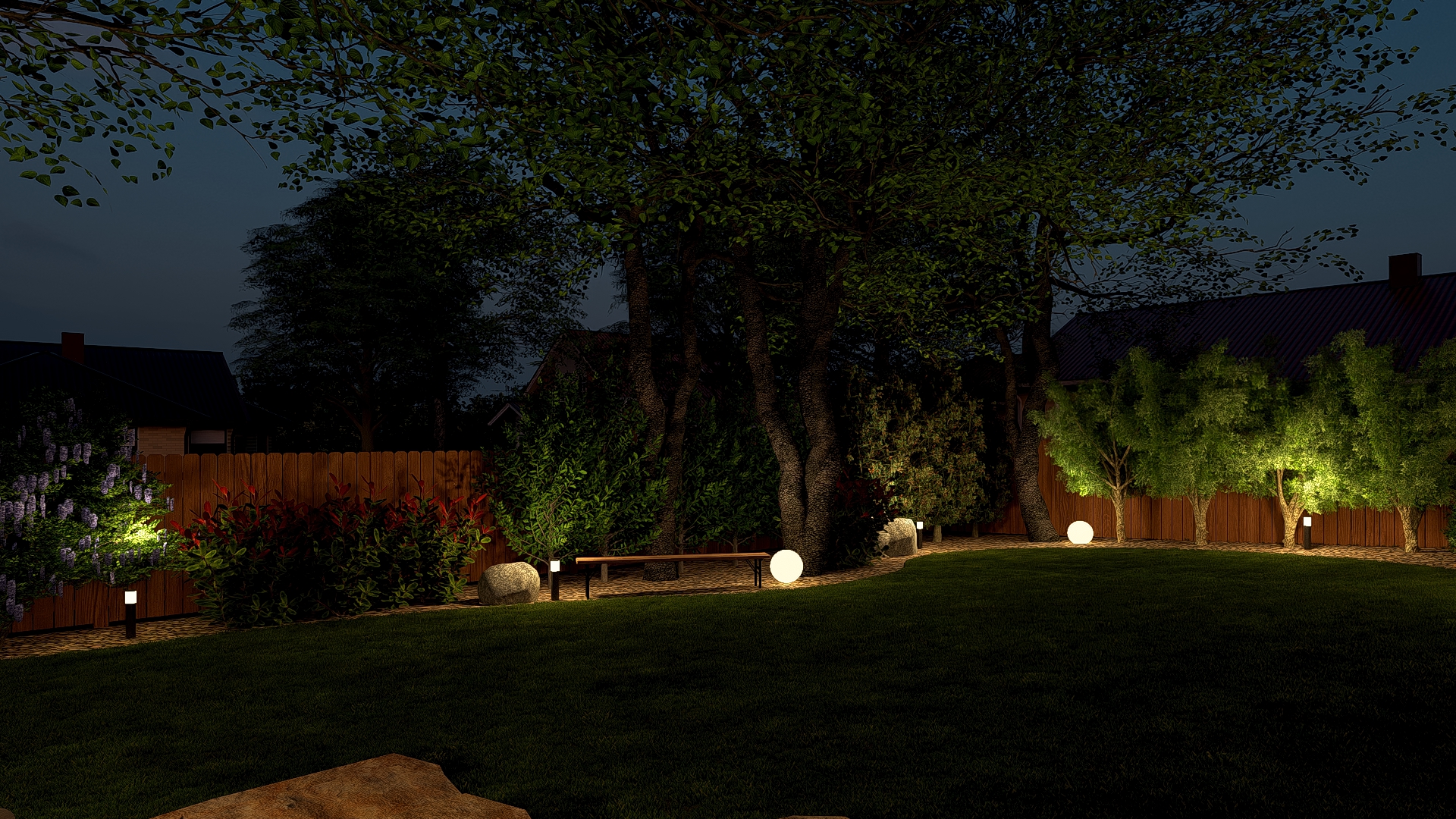 Evening backyard with illuminated trees and bench