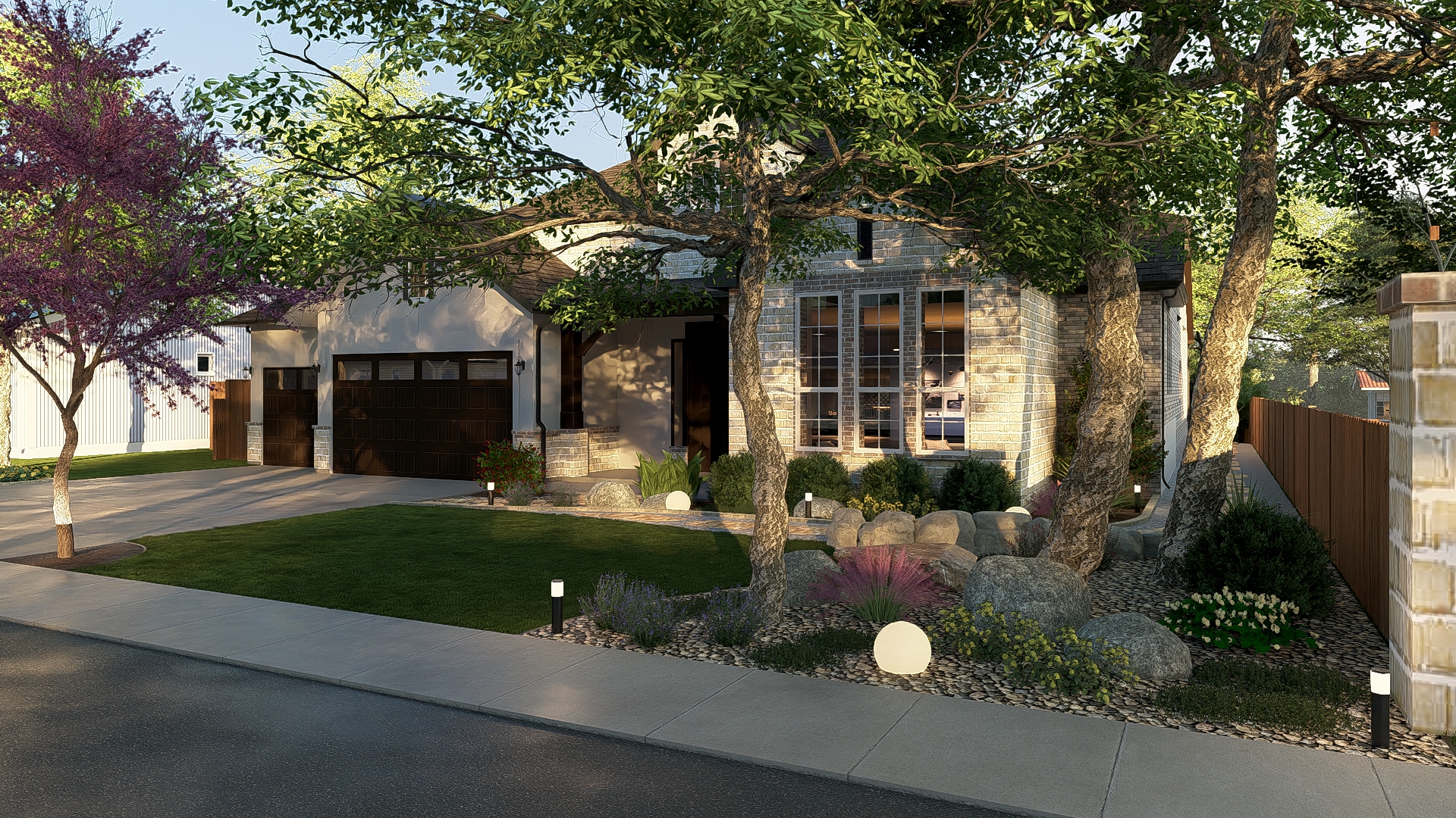 Street view showing front yard transformation with mature oaks and layered planting