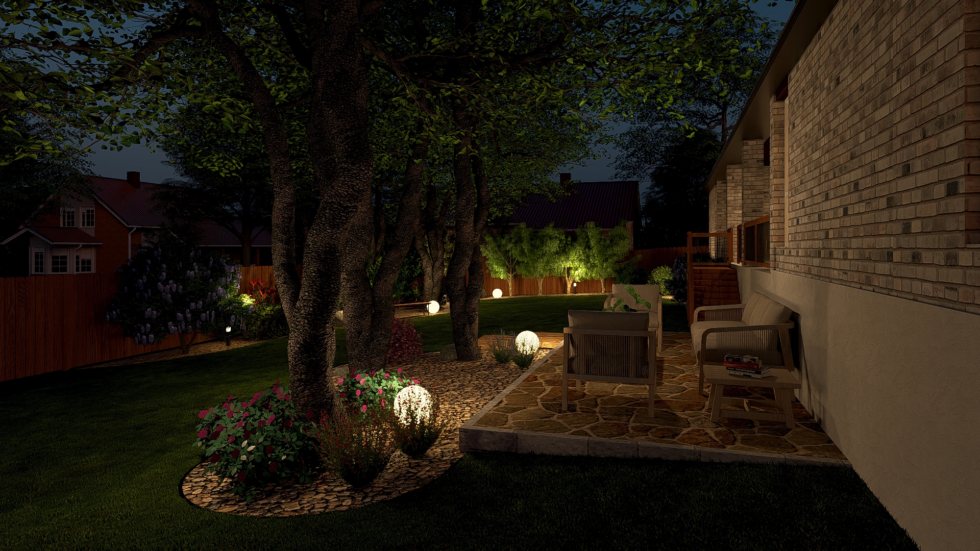 Night patio with sphere lanterns and oak canopy