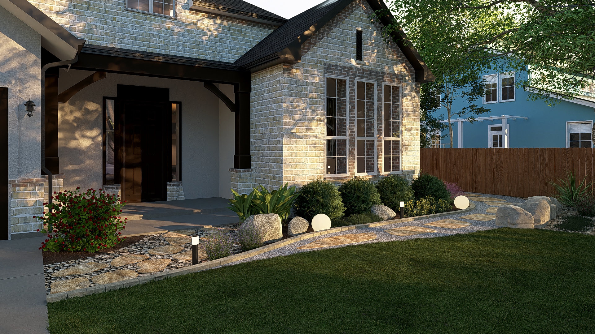 Entry pathway with natural stone steppers and globe lanterns