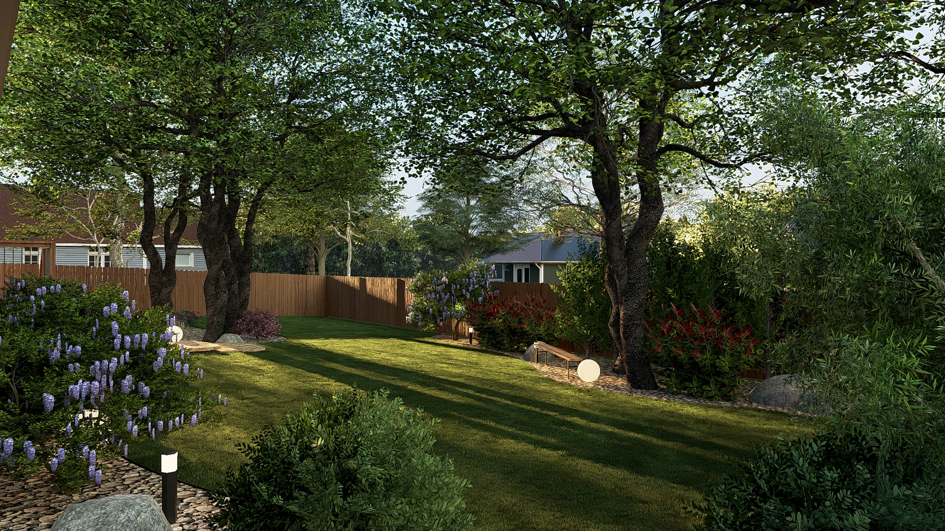 Backyard garden with wisteria and perimeter planting