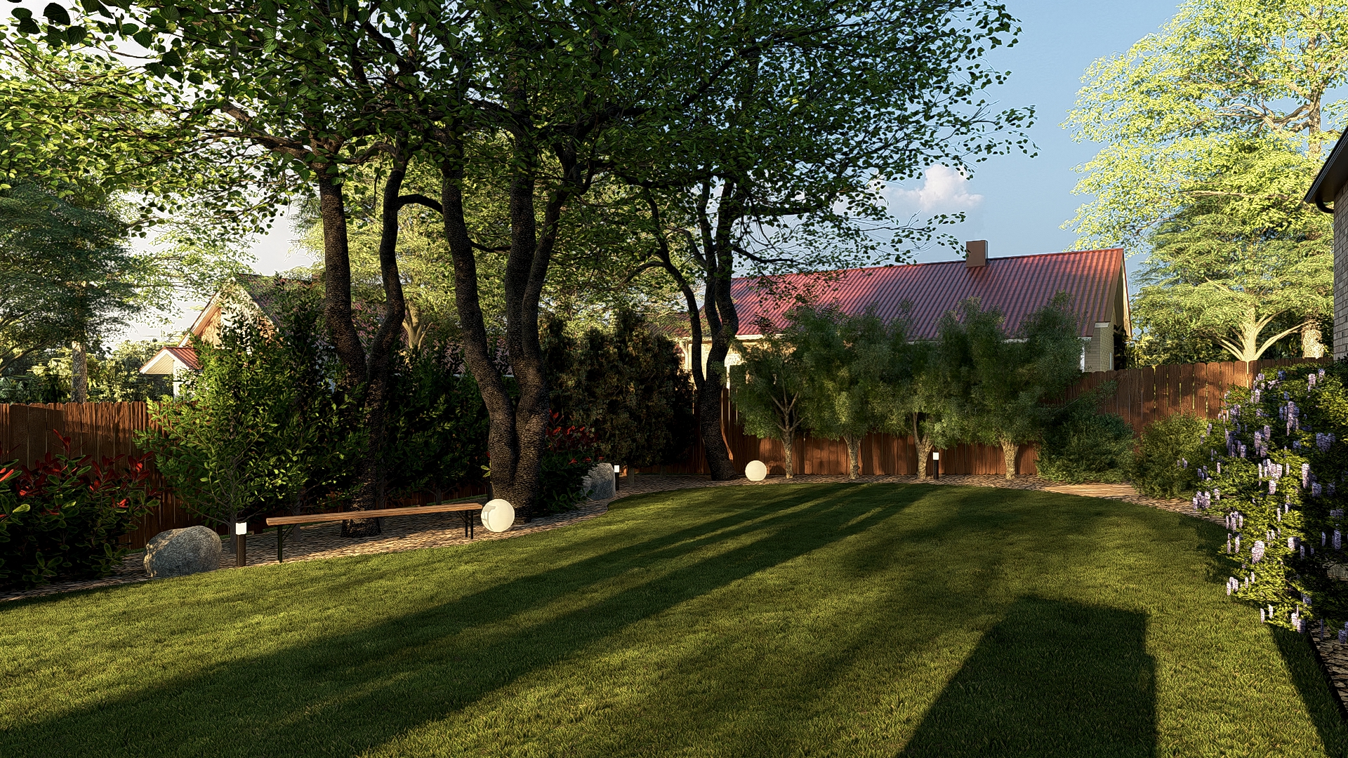 Backyard lawn with mature oak canopy and perimeter planting