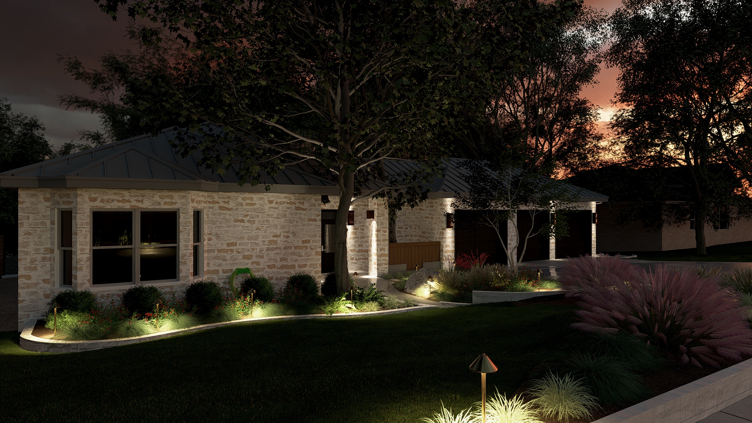San Antonio residence front yard nighttime with landscape lighting