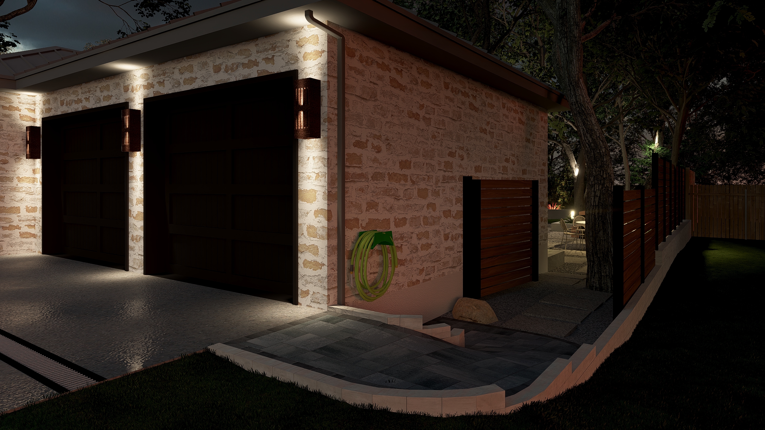 San Antonio residence nighttime garage side with uplighting