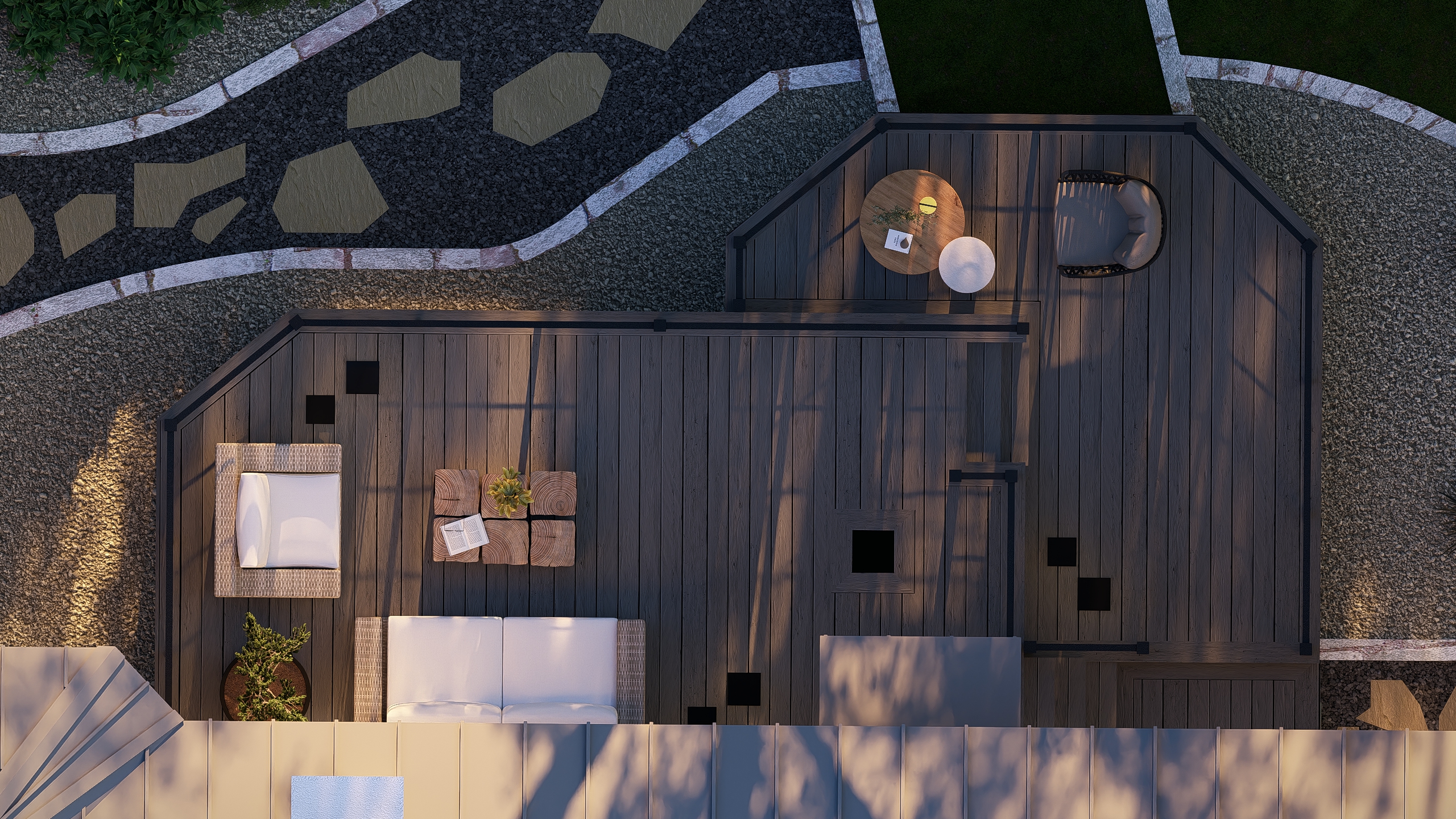 Aerial view of deck detailing, pathways, and material transitions