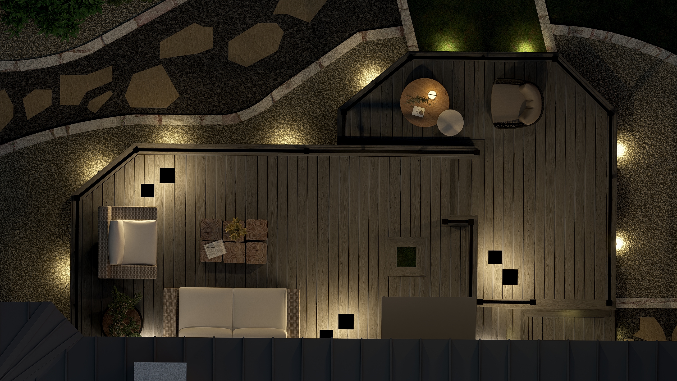 Aerial night view showing integrated lighting patterns