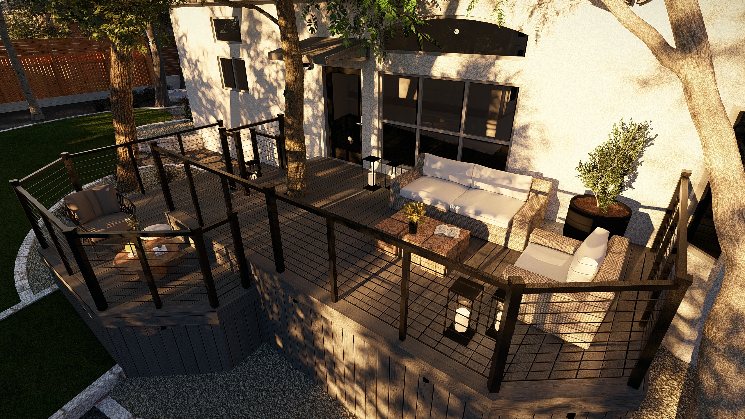 San Antonio residence elevated deck with outdoor furniture and cable railing