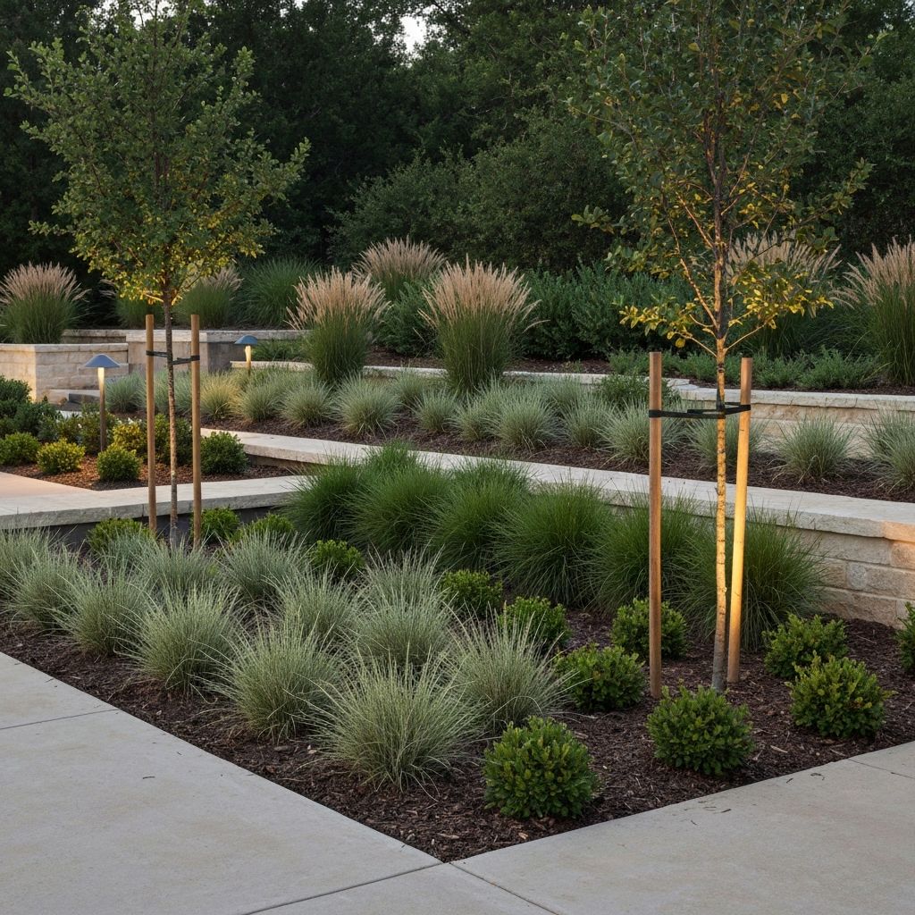 Layered planting beds with ornamental grasses at different growth stages