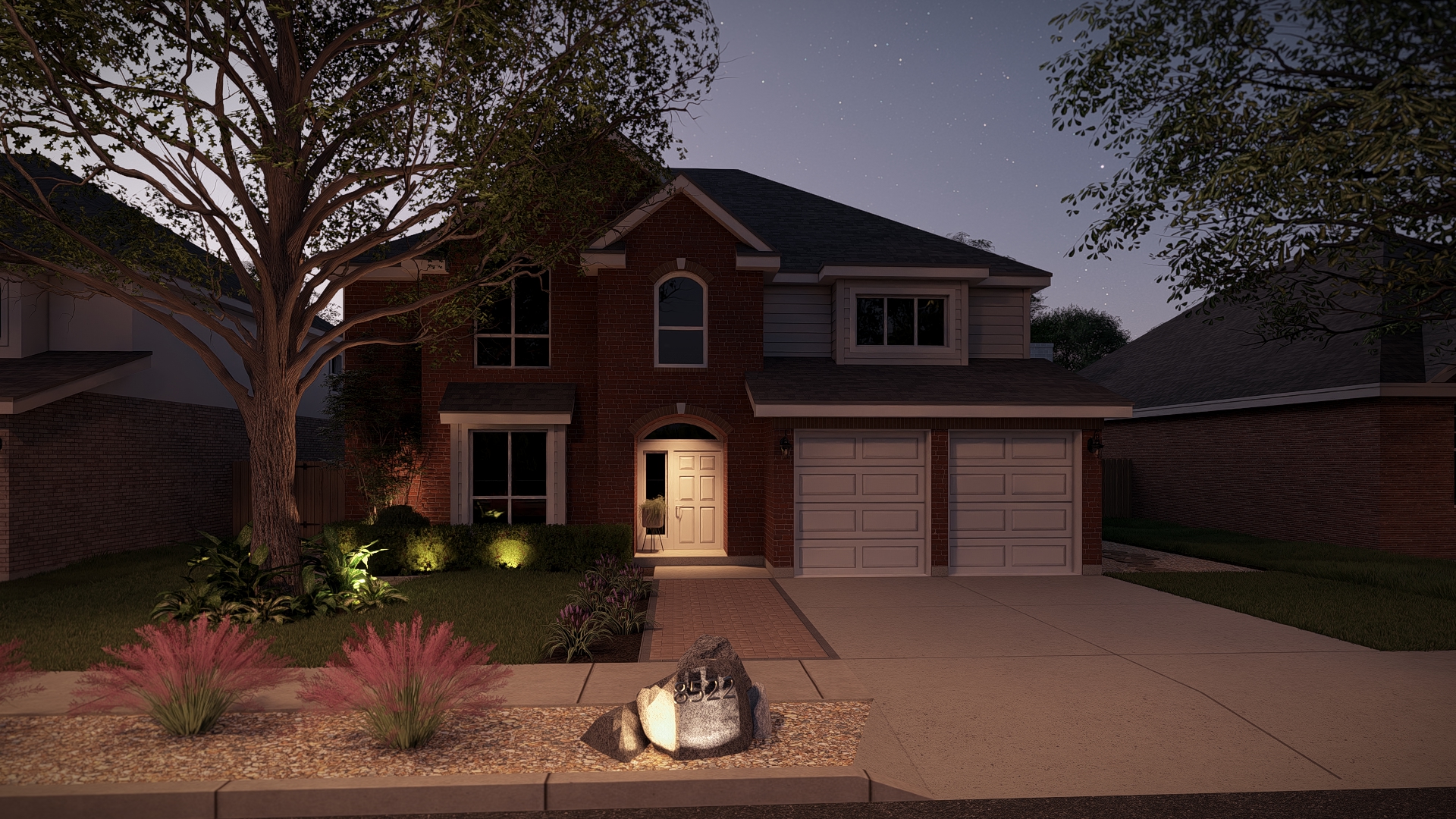 Night view with full landscape lighting and starry sky
