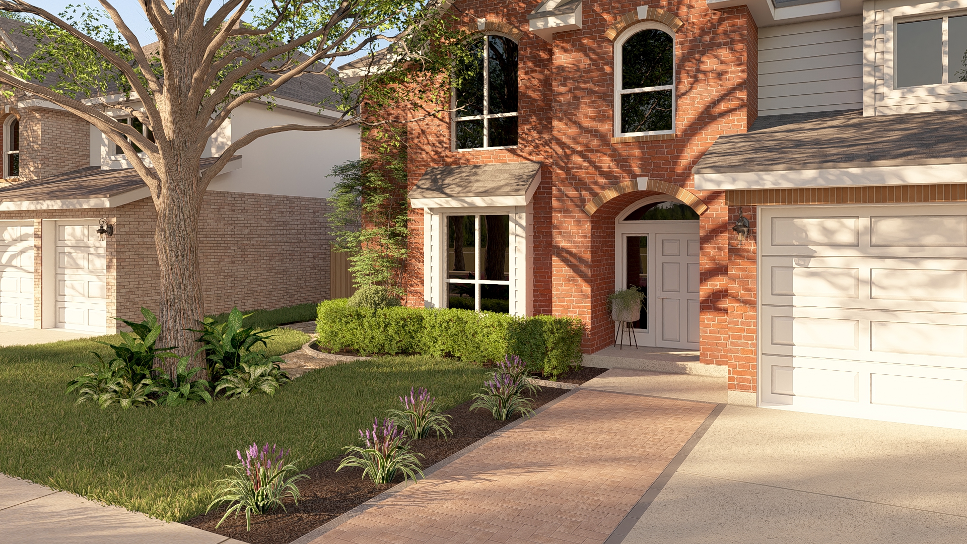 Entry walkway detail with boxwood hedges and liriope