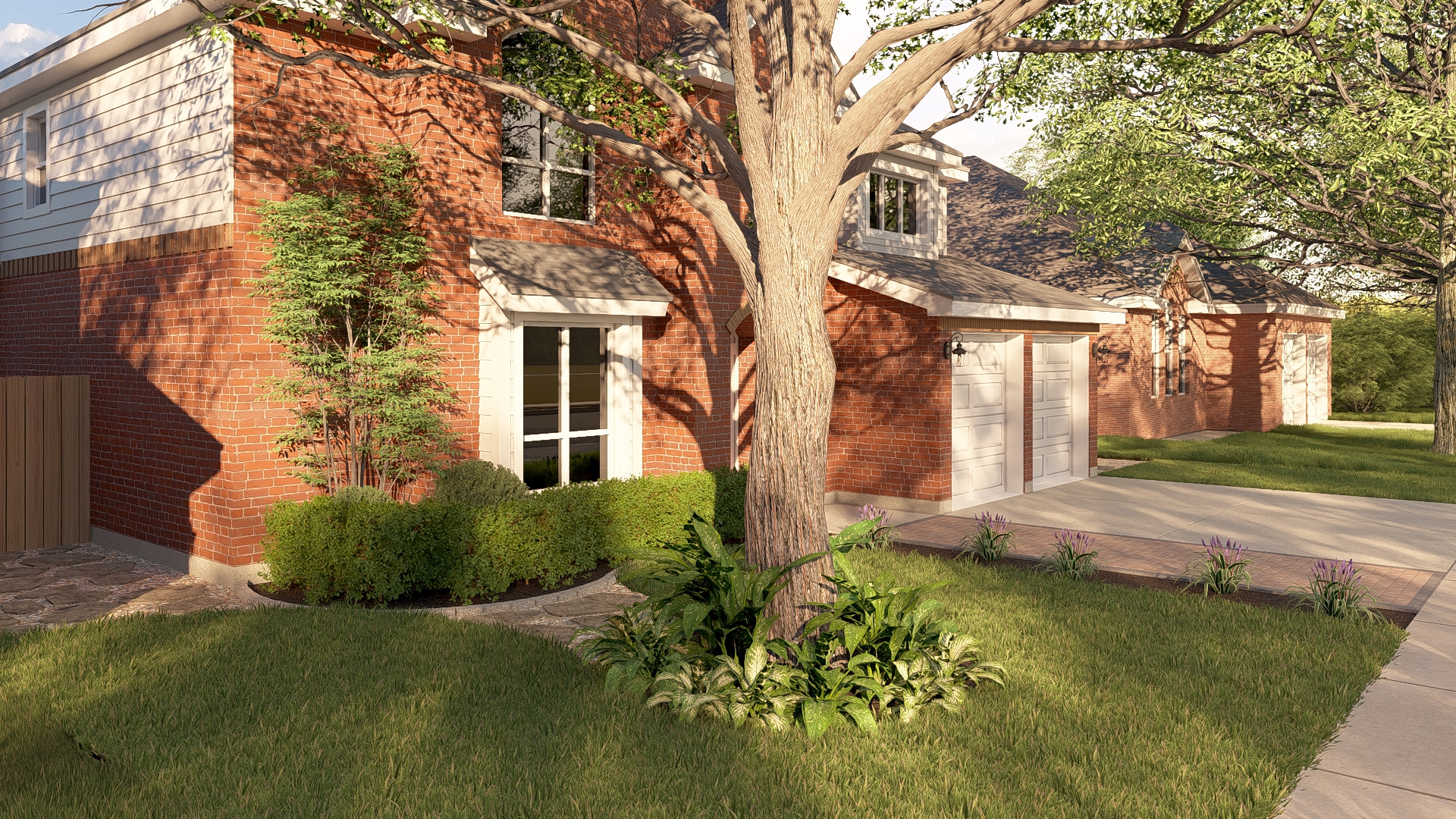 Side angle showing mature tree, ferns, and foundation planting